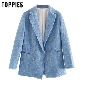 

Toppies 2020 blue twill tweed jacket vintage lattice women suit jackets ladies asymmetrical double breasted coat