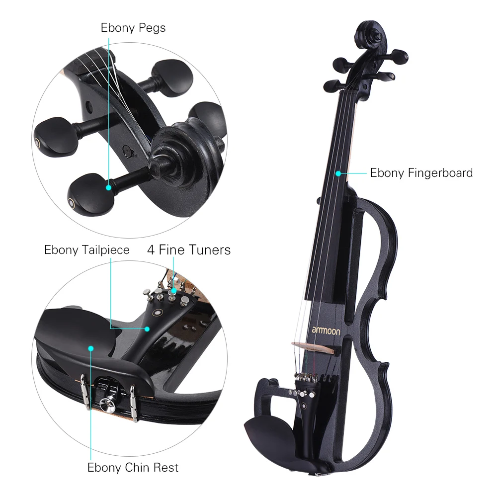 ammoon Full Size 4/4 Solid Wood Electric Silent Violin Fiddle Style-2 Ebony Fingerboard Pegs Chin Rest with Tuner Headphones