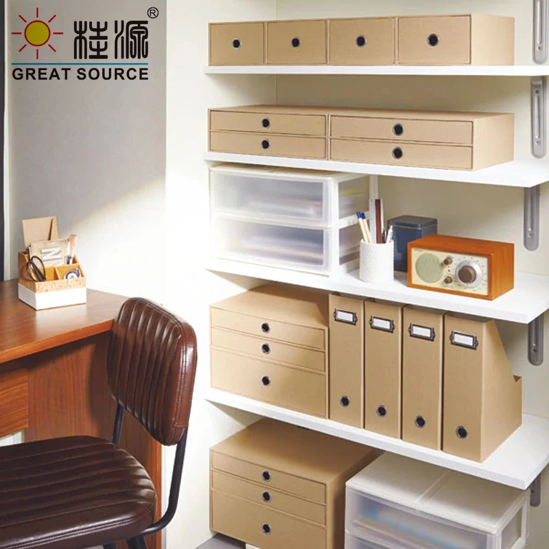 3 Layers Storage Cardboard Cabinet Office Desk Top Organizer Home 3 Drawers Cabinet Beige Faux Linen Natural Wood Paper(2PCS)