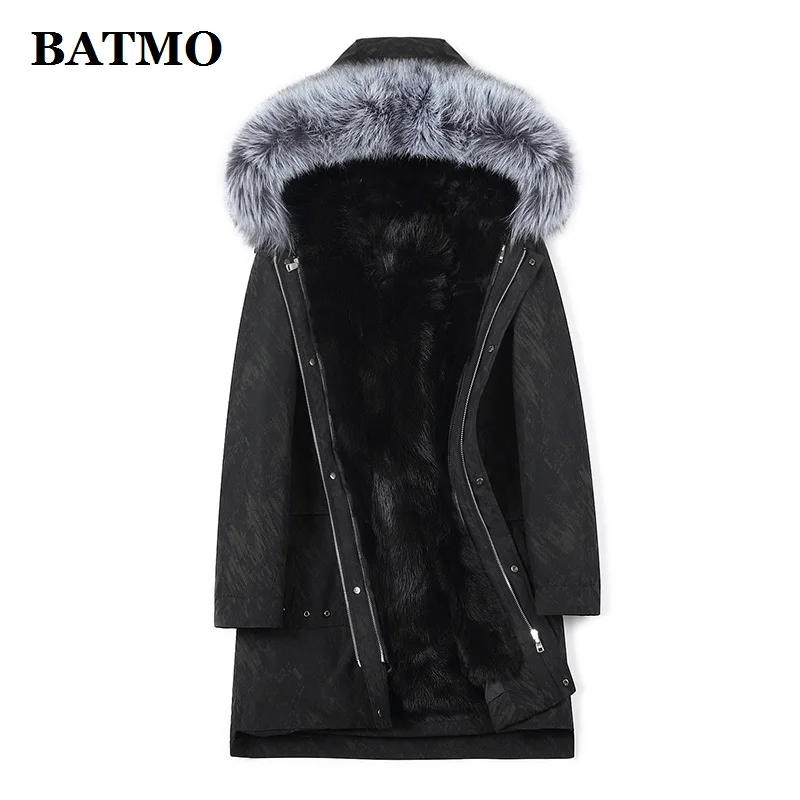 BATMO natrual меховые парки, Лисий меховой воротник и Волчья меховая подкладка толстые куртки с капюшоном для мужчин, меховое пальто для мужчин, 18151 - Цвет: Черный