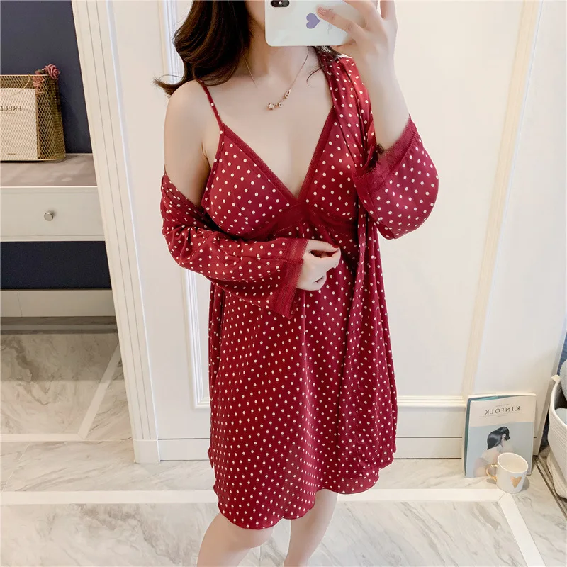 Ночная рубашка и халат комплект из 2 предметов кимоно с принтом в горошек Женская