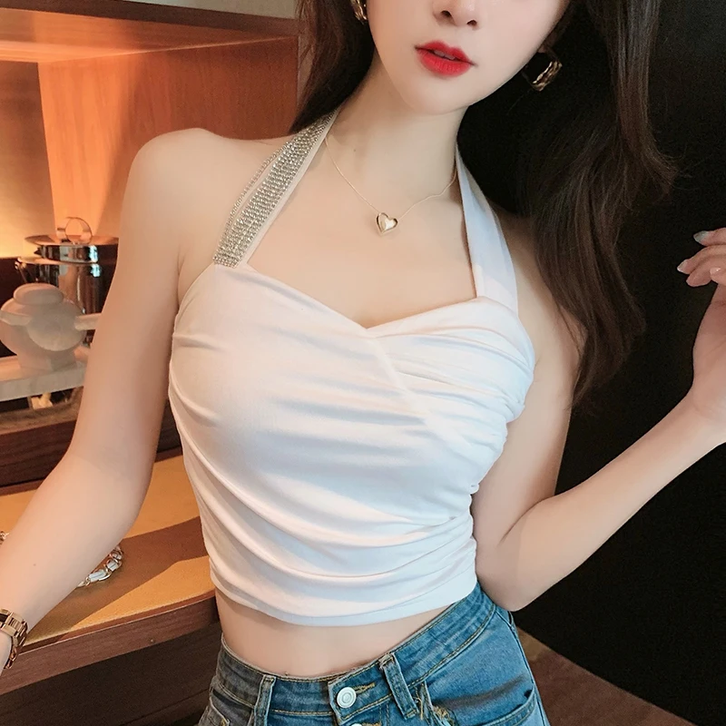 2022 여성용 숄더 탱크 탑스 홀터넥 섹시한 v 넥 코튼 레트로 크롭 탑스 여름 패션 다이아몬드 캐주얼 캐미솔