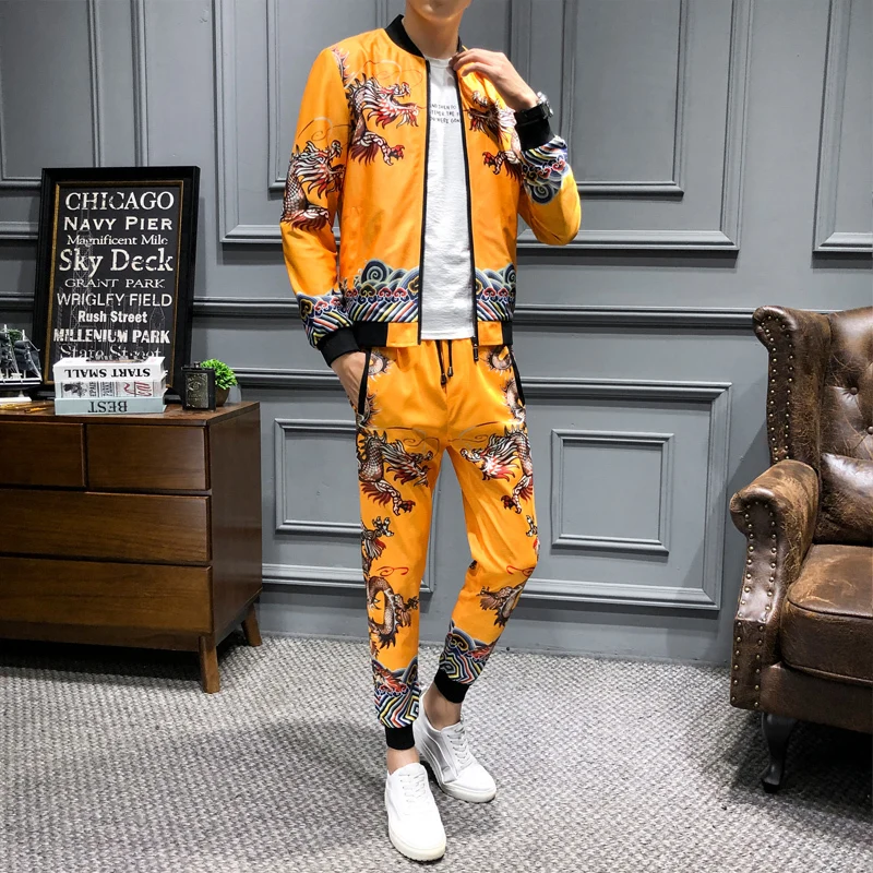 

High Quality Jogging Homme Designer Clothing Men Yellow Gold Mens Plus SizeTwo Piece Sets Top And Pants Trainingspak Mannen Merk