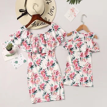 

Summer Mother and Daughter Dresses Family Matching Clothes Women Kids Girl Ruffles Sleeveless Floral Dress Elegant Flower Outfit