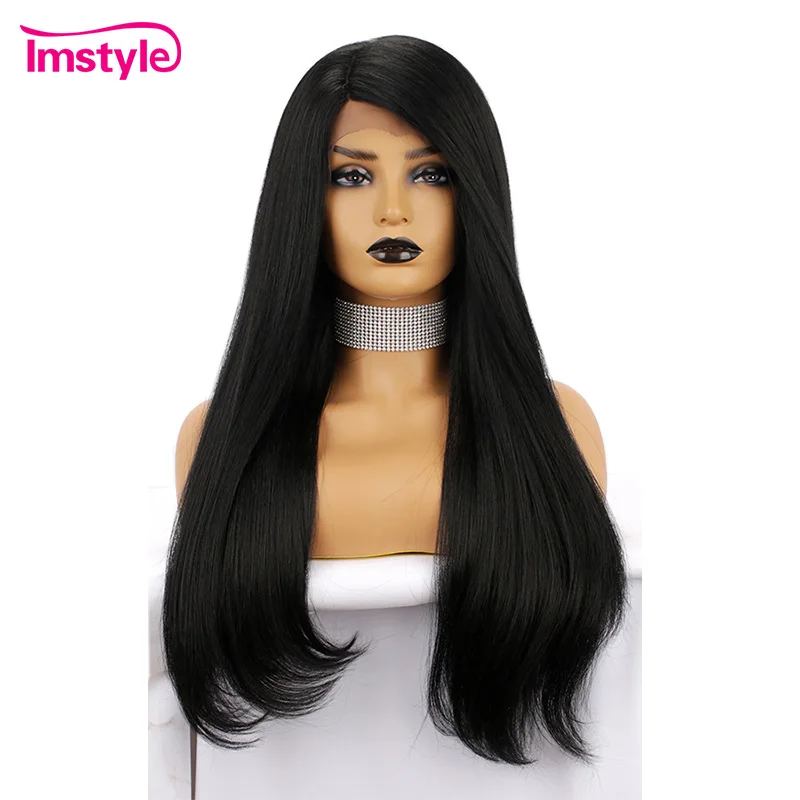 

Imstyle Black Straight Long Wigs For Black Women Synthetic Lace Front Wig Natural Hairline Heat Resistant Fiber