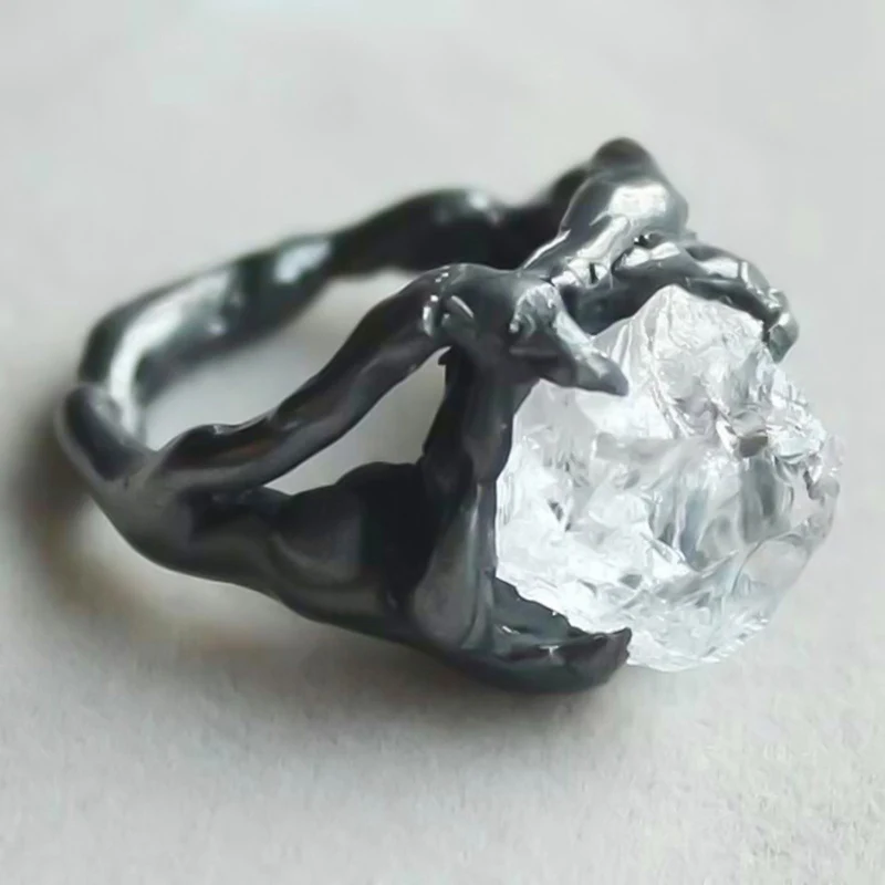 

Black White Irregular Crystal Rings For Women Man CZ Personality Exaggerated Hip Hop Style Party Rings Gifts Fashion Jewelry