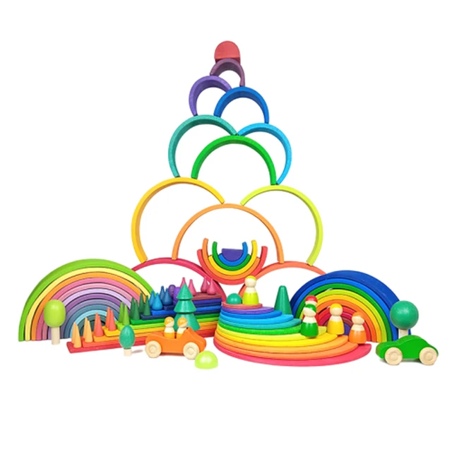 DIY 3D Wooden Toys Rainbow Building Blocks Rainbow Stacker Large Size Creative Montessori Educational Toys For Children Kids 4