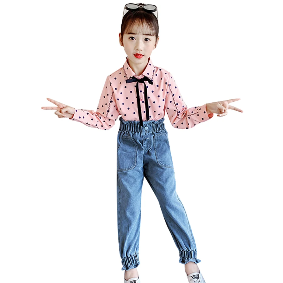 Kids Clothes Blouse + Jeans Girls Outfits Big Bow For Teenage Spring Autumn Clothing 6 8 10 12 14 | Детская одежда и обувь