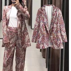 Terno feminino za 2021 outono nova moda imprimir solto estilo de rua vintage manga longa bolsos feminino outerwear chique femme casaco