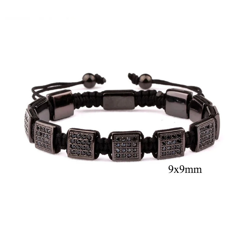 CZ Pave Square Brass Beads Braided Men Jewelry Wrap Adjustable Bracelet - Image 2