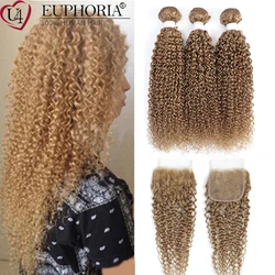 Brazilian Remy Human Hair Blonde Color 27 Kinky Curly Bundles With Lace Closure 4x4 30 33 Brown 3 Bundles With Closure Euphoria