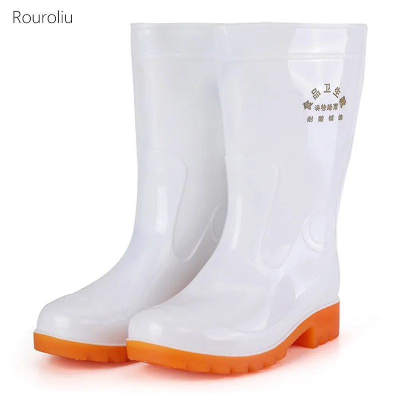 

White Mid--Calf Rain Boots Men Autumn Winter Flat Platform Non-slip Work Water Boots Waterproof PVC Shoes Comfort Rainboots