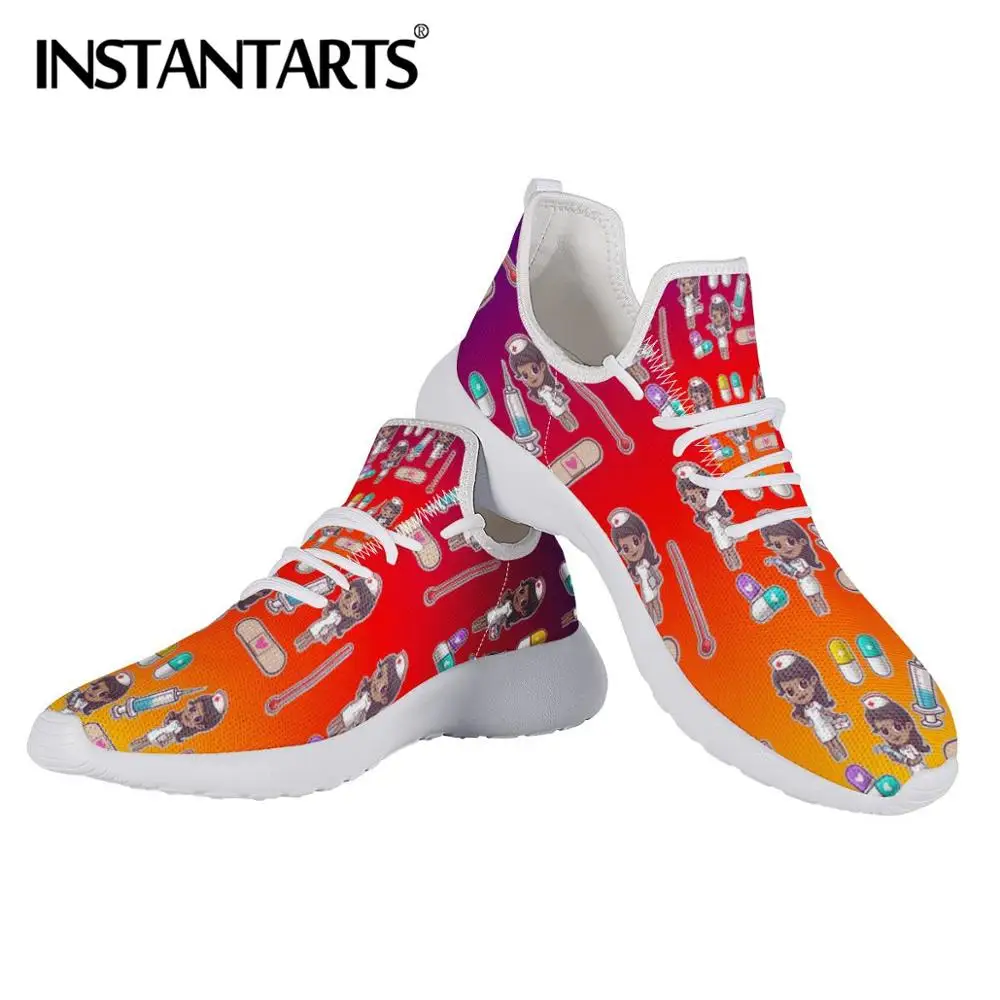 HME1599Z61 INSTANTARTS розового цвета, в виде мультяшного медсестры таблетки печати Для женщин вязать на плоской подошве, для медсестры женская обувь Повседневное c заклепками; дамские туфли на шнуровке кроссовки zapatos mujer - Цвет: HME1599Z61