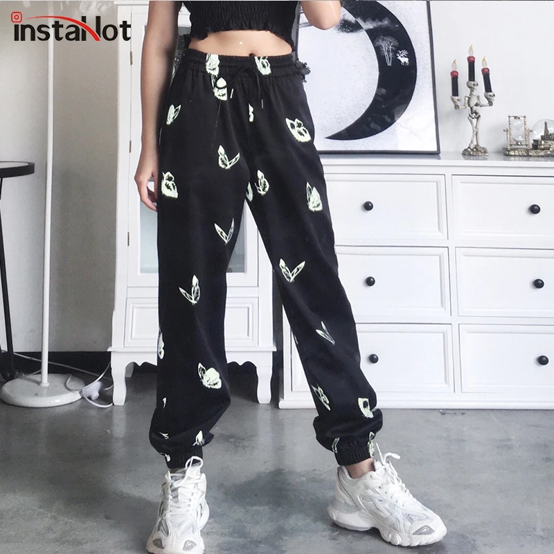 InstaHot Sweat Butterfly Print Pantalon Mujer Drawstring Elastic Waist Pant Reflective Joggers Women Black Casual Trouser Pants InstaHot Sweat Butterfly Print Pantalon Mujer Drawstring Elastic Waist Pant Reflective Joggers Women Black Casual Trouser Pants