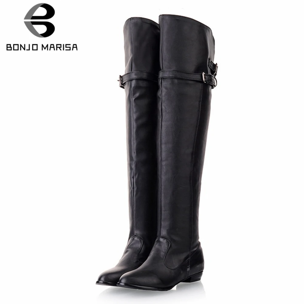 

BONJOMARISA 34-48 Casual Ladies Flat Over The Knee Boots Women 2019 Winter Warm Fur Thigh High Boots Low Heels Shoes Woman