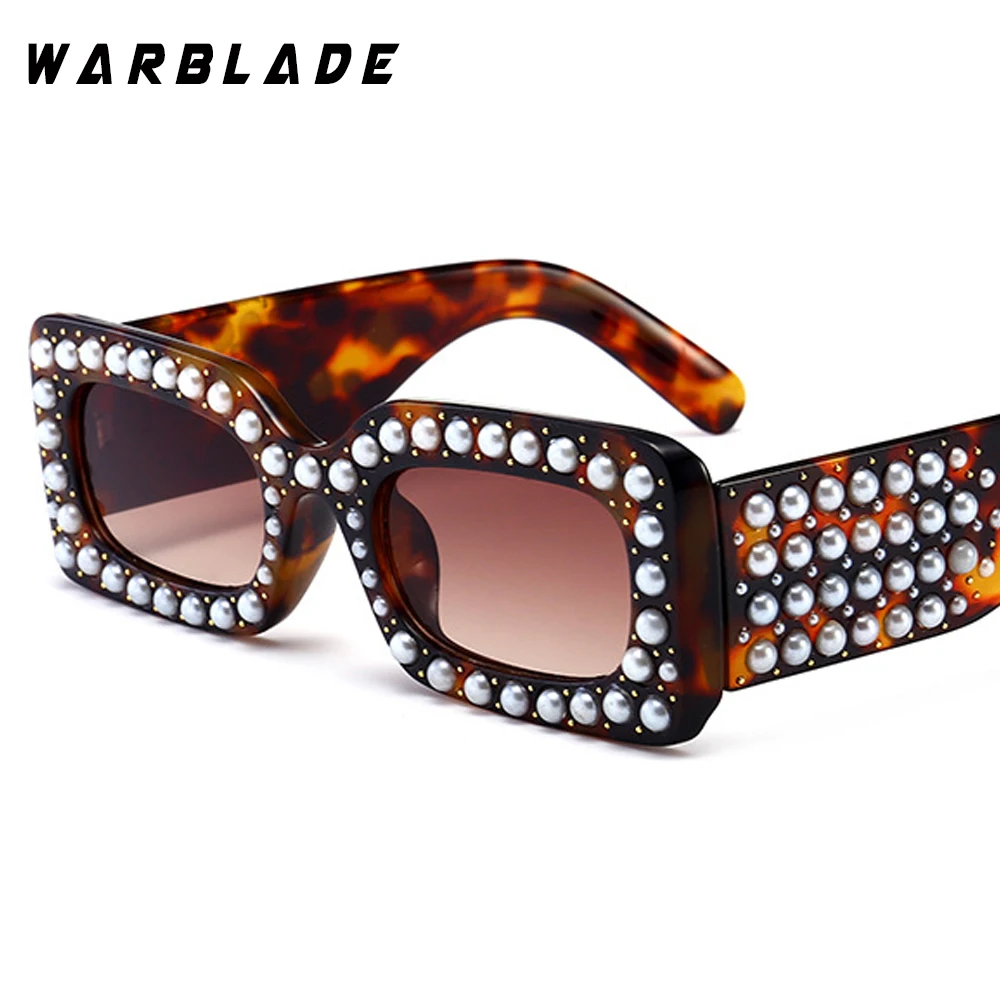 leopard tea Модные прямоугольные квадратные женские солнцезащитные очки WarBlade с жемчугом, фирменный дизайн, винтажные очки со стразами для женщин, UV400 - Цвет линз: leopard tea