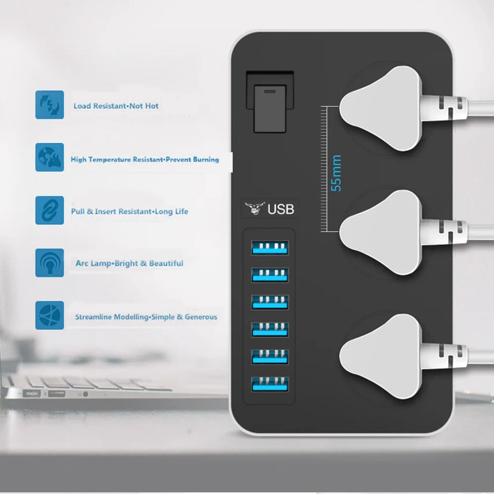Удлинитель с защитой от перенапряжения умный USB адаптер 3 розетками