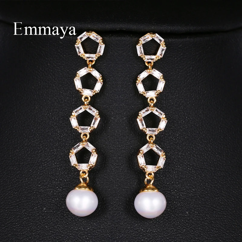Emmaya, женские модные вечерние длинные серьги из циркония ААА с четырьмя геометрическими соединениями, изящные жемчужные серьги