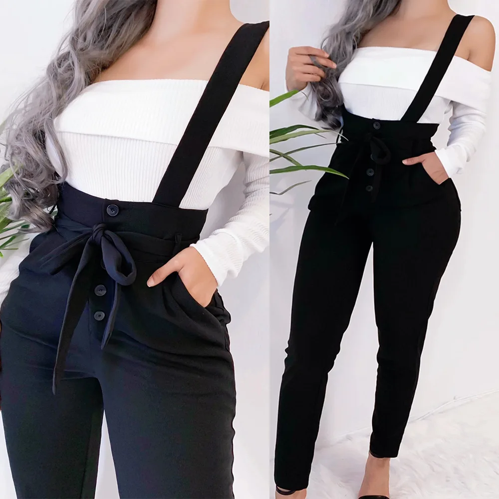 

Oufisun 2019 Autumn New Fashion Sexy Slim Women Overalls Pant Solid Color Empire Bodycon Casual Pant Womens Black Long Pants