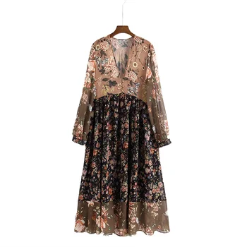 

women V neck floral chiffon pleated dress see through long sleeve vintage female retro chic mid calf dress vestidos