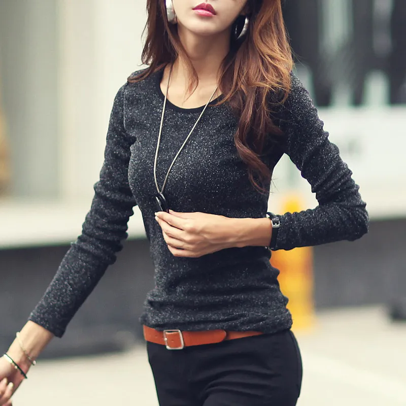Black O-Neck Осень-зима, женская футболка, модная рубашка, однотонная, Женская водолазка с длинным рукавом, яркая проволока, базовый Повседневный Топ, эластичные футболки - Цвет: Black O-Neck