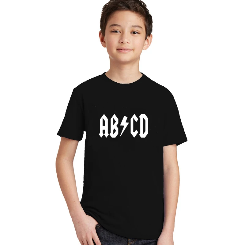 Забавные ABCD с буквенным принтом детская одежда рок Acdc для малышей Одежда для детей, которые начинают ходить, для мальчиков и девочек, детская футболка модные летние детские майки, футболки