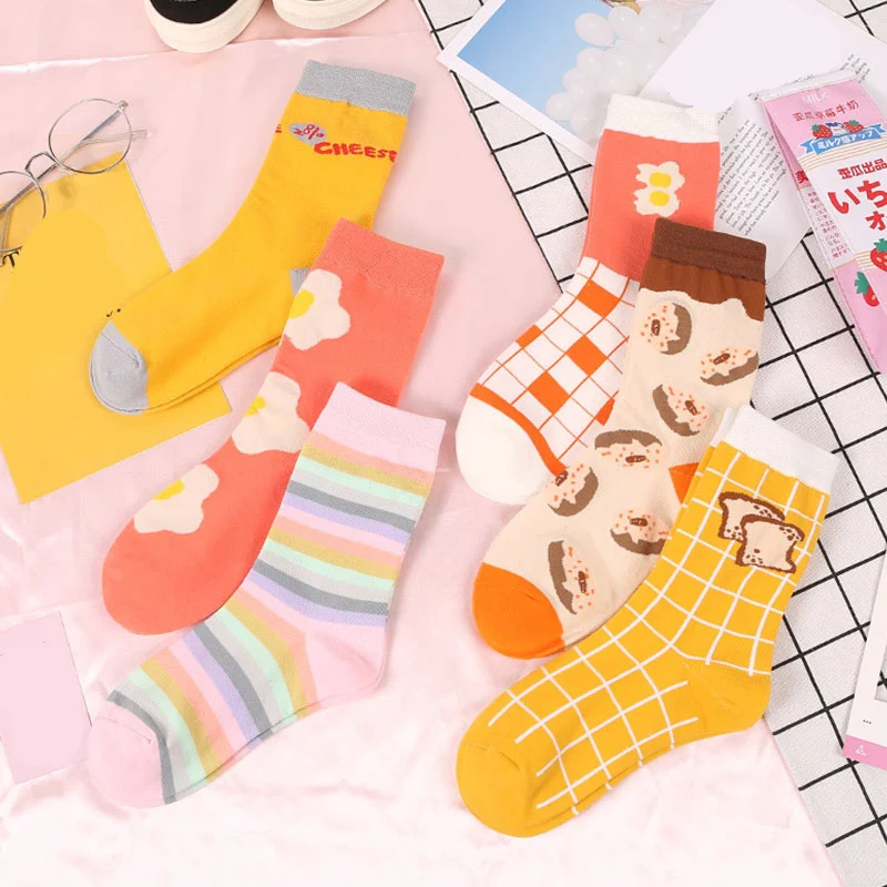 Cotton Socks Cartoon Print Eggs Letter Funny Middle Stripe Plaid Tube Sock Girl Donuts Long skateboard Kawaii street | Женская одежда