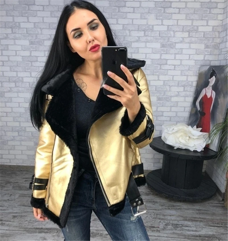 Ozhouzhan осеннее и зимнее Новое Стильное модное женское платье средней длины Свободное пальто из искусственной кожи с мехом и блестками Женское пальто