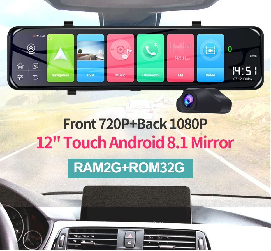  12 Inch Touch Screen Android 8.1 4G Wifi GPS Car DVR Camera Video Dash Cam Front and Rear View Mirr