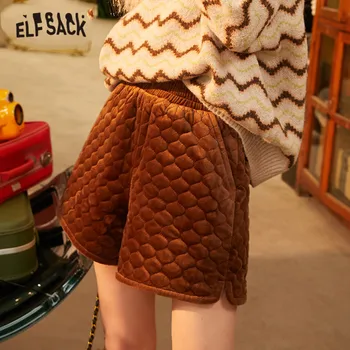

ELFSACK Brown Solid Elastic Waist Women Wide Leg Shorts 2020 Winter Black Pure Velvet Cotton Office Ladies Casual Daily Bottoms