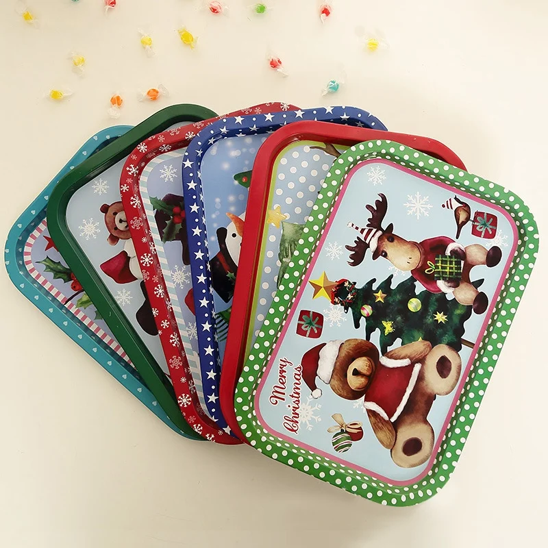 

Christmas Tinplate Storage Tray Decorative Food Serving Plate Fruit Tray Holiday Home Organizer Decorations