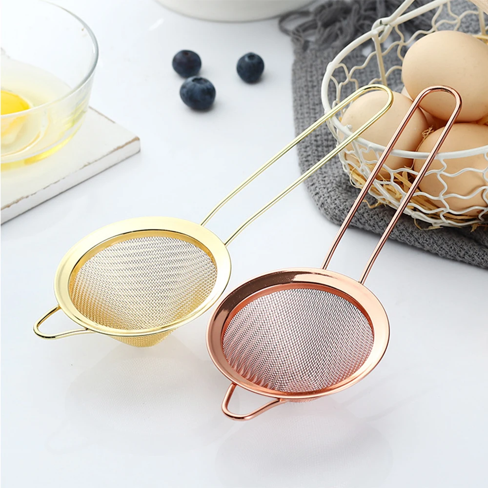 Stainless Steel Kitchen Handheld Screen Mesh Strainer Rose Gold Flour Sieve Cooking Oil Strainer