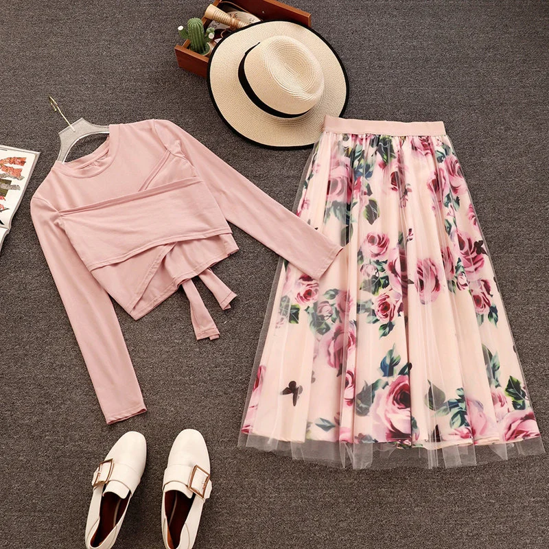 

Women Irregular T Shirt+Mesh Skirts Suits Bowknot Solid Tops Vintage Floral Skirt Sets for Elegant Woman