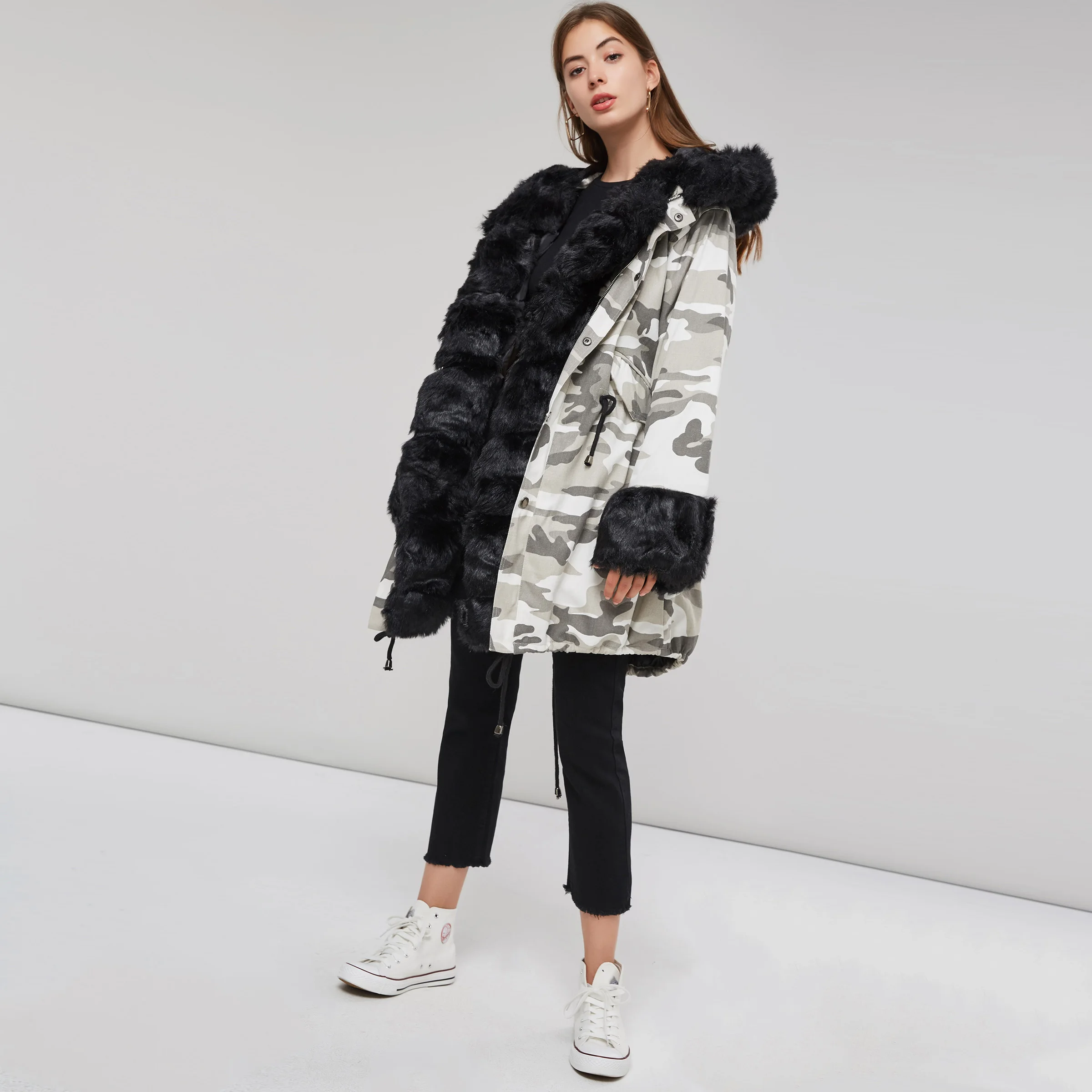2019 Camouflage Casual Coat Jacket Women's Hooded Warm Parkas Slim Long Winter Drawstring Lace Up Fur Collar Coats | Женская одежда