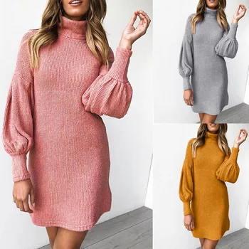 

Women Casual Lantern Sleeve Straight Sweater Dress Long Sleeve Turtleneck Solid Elegant Knitted Pullovers 2019 Winter New Dress