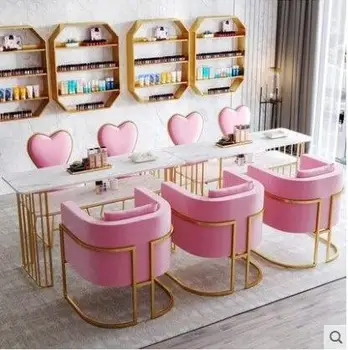 

ins nordic marble net red nail table wrought iron single double nail table nail shop table and chair set