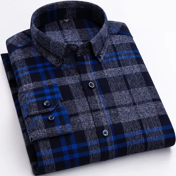 

Autumn Winter Men Long Sleeve Dress Shirts 100% Cotton Fashion Plaid Thick Man's Clothing Oversize S-7XL Formal Shirts For Man