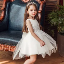 Детское свадебное платье-пачка для девочек платье с цветочным рисунком для девочек нарядное торжественное платье принцессы фатиновое платье с бантом на спине, аппликация без рукавов, для 8 лет