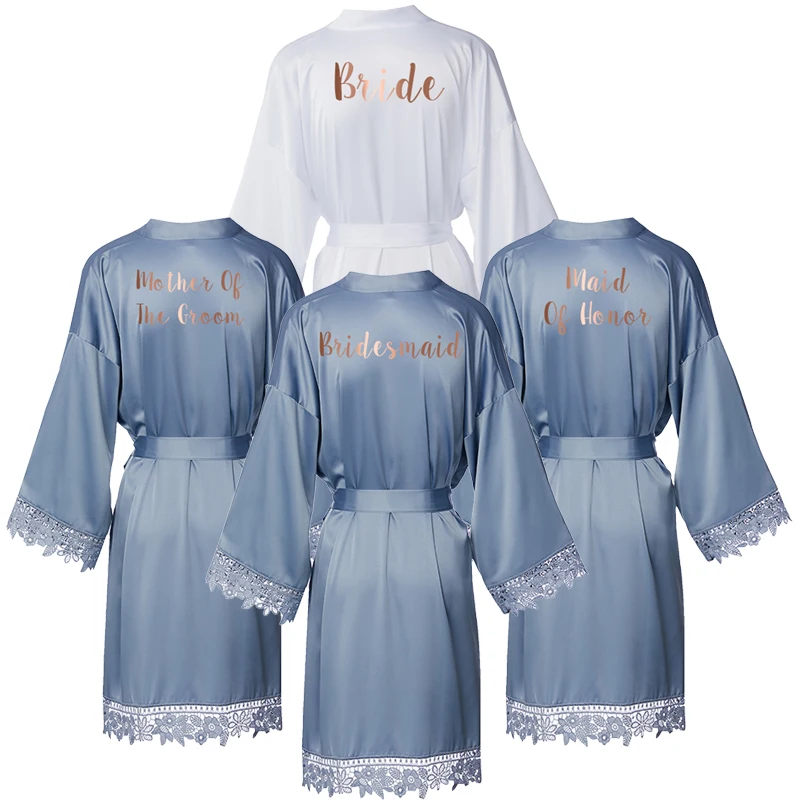 Dusty Blue New Matt Satin Lace Robe with Trim Gown Bridal Wedding Bride