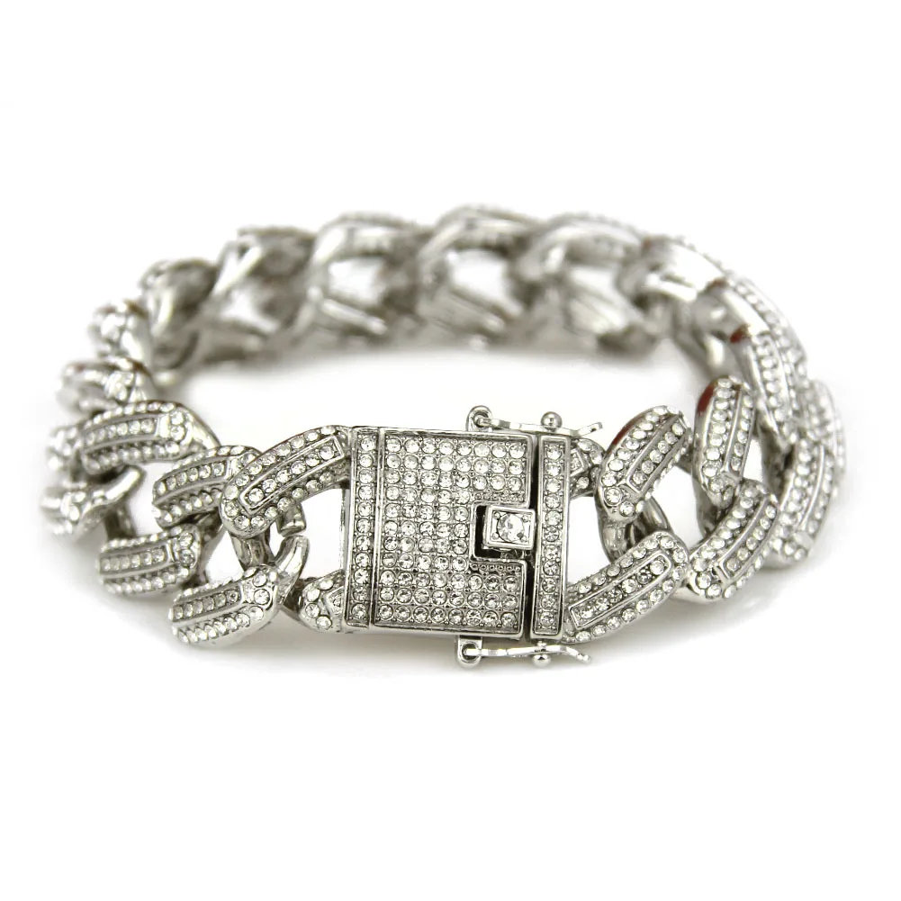 Bracelet 01-Silver Стразы, кубинские браслеты, звенья цепи, браслеты для мужчин, хип-хоп, проложили CZ, рэппер, браслет, ювелирные изделия, аксессуары, подарок, 19 мм - Окраска металла: Bracelet 01-Silver