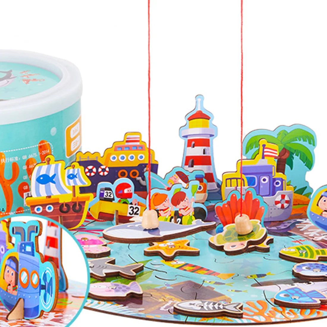 3-в-1 3D деревянный магнитный пазл рыбалка игры Playset игрушек со слоем барабаном упаковка развивающая игрушка для улицы-для океанской рыбалки