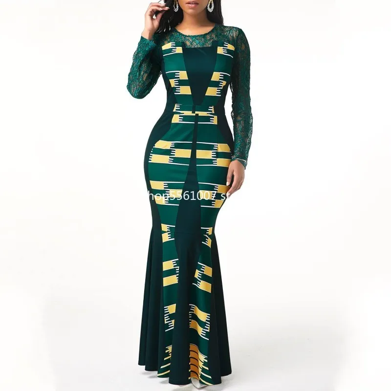 5XL 4XL Plus Size 2021 Casual Slim Patchwork Lace Maxi Dresses Elegant Sexy Long Dress Africa Clothing African For Women | Тематическая