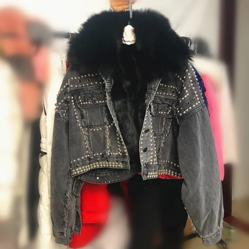 New  Real Fur Jacket Women 2019 Winter Coat New Real Fox Fur Collar + Real Rabbit Fur Inner Rivet Plus T