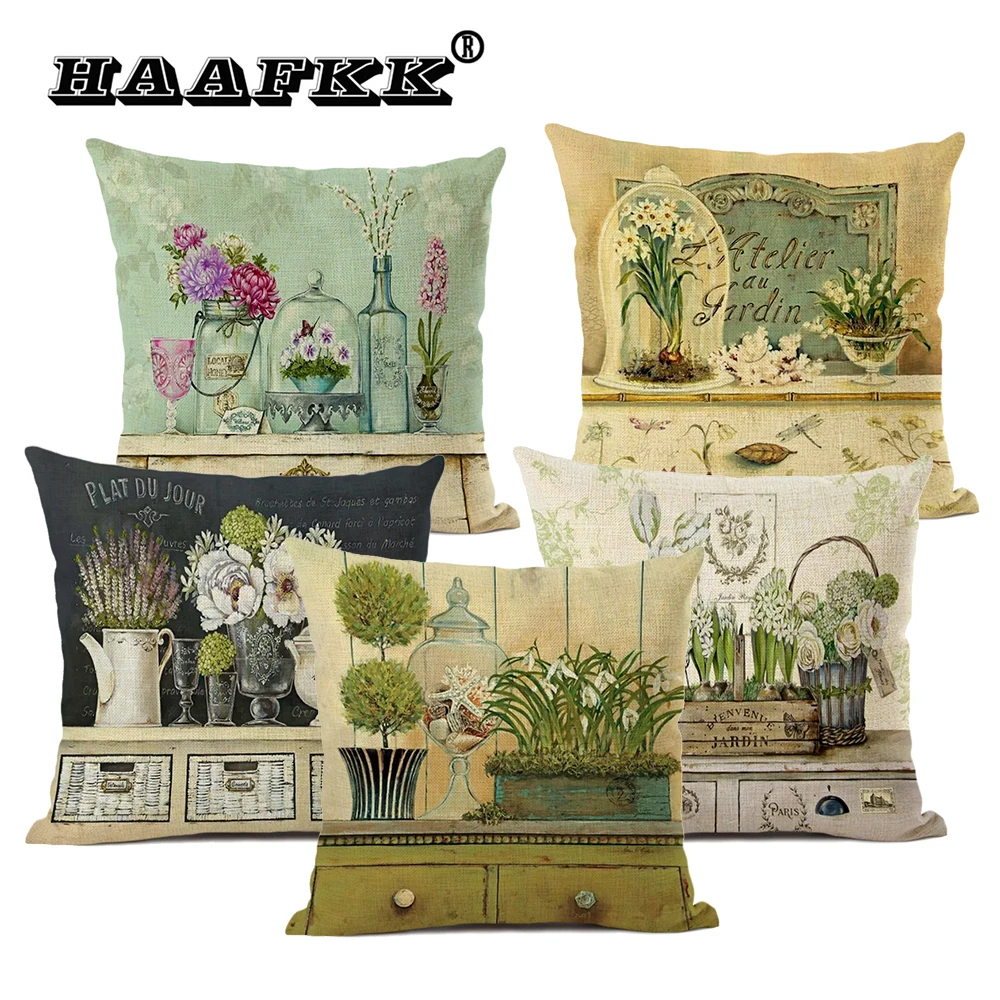 

Living room sofa decoration cushion cover linen 45 * 45 square pillow nostalgic pattern pillow car office accessories
