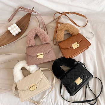 

Luxury Lattice Pattern Crossbody Bag Women Casual Plush Handle PU Solid Handbags