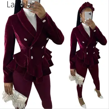 

Women Winter Vintage Red Velvet Blazers And Jackets Elegant Office Ladies Peplum Ruffle Long Sleeve Slim Blazer Coat Female
