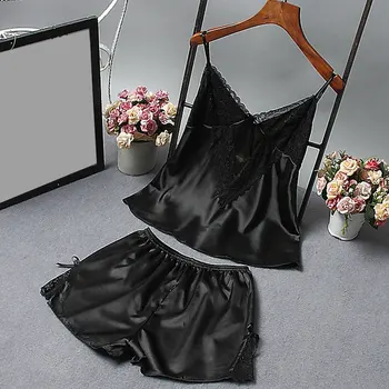 

Women 2 Piece Silk Sleepwear Sets Lace Patchwork Cami Top and Short Pant Pajama Homewear