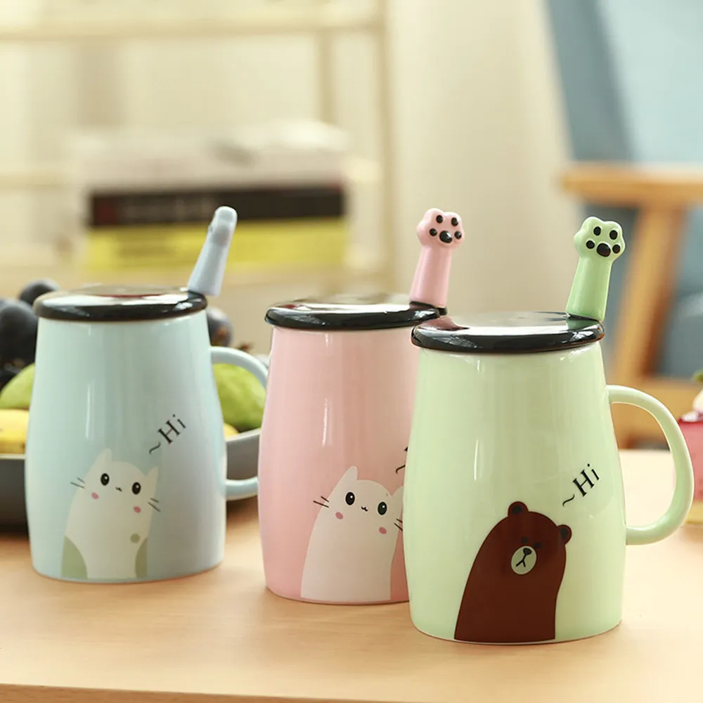 

Creative Cute Ceramic Mug with Lid Spoon Coffee Cup Milk Couple Cup Cartoon Cups Coffee Milk Bottle