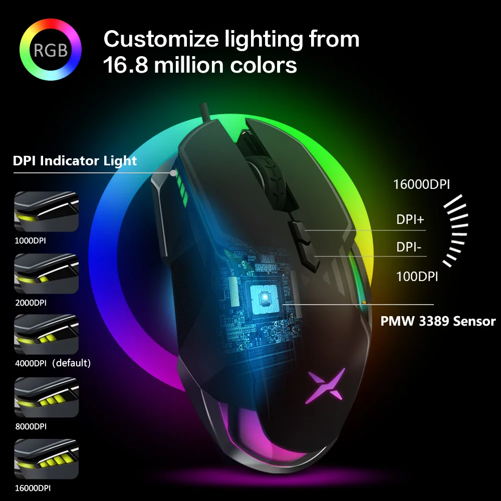 Delux M628 PMW3389 Sensor 16000 DPI Gaming Mouse 9 Buttons 50G ACC RGB Wired Optical Both Hands Mic