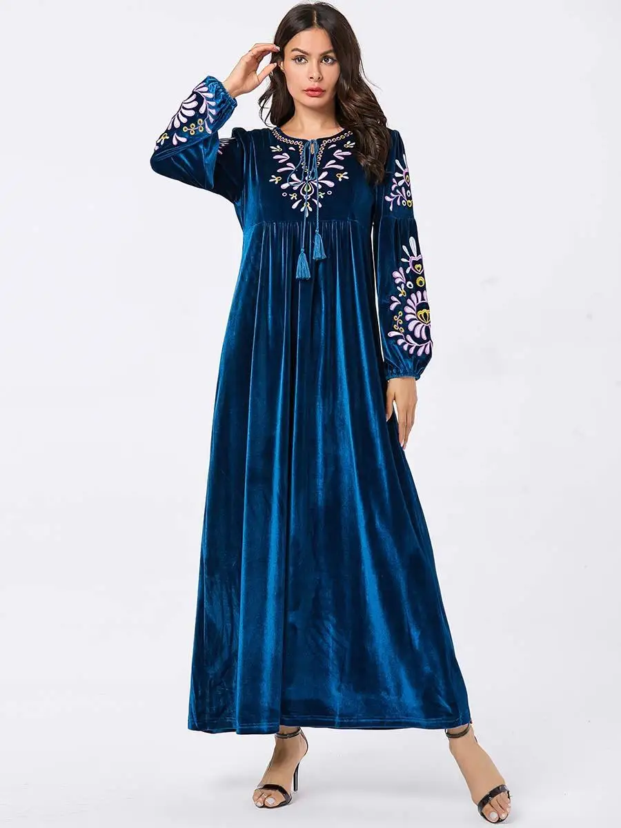 Цветочные abaya женские мусульманские длинные платья с длинным рукавом бархатная вышивка кафтан jilbaw винтажная Исламская свободная одежда